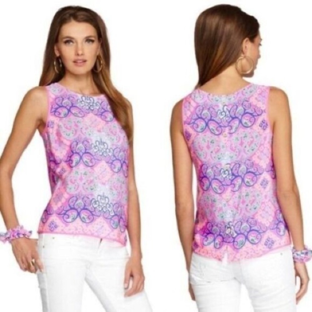 𝅺LILLY Pulitzer Iona Shell Top Silk XS Behind the Gates engineered print